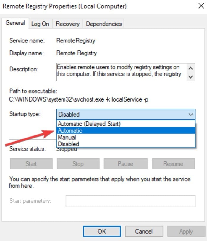 Arrêt à distance Redémarrer Windows10 Pc Services Propriétés du registre à distance Type de démarrage Automatique