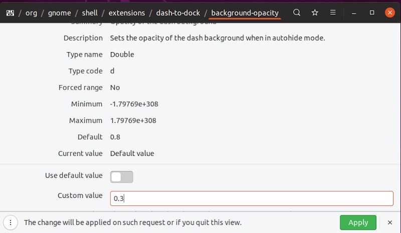 Valeur de transparence du Dock Set Ubuntu