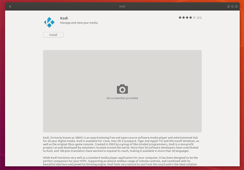 Fenêtre du catalogue d'installation de Kodi Ubuntu