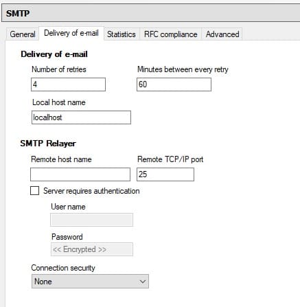 Paramètres SMTP de l'hôte local dans hMailServer Administrator