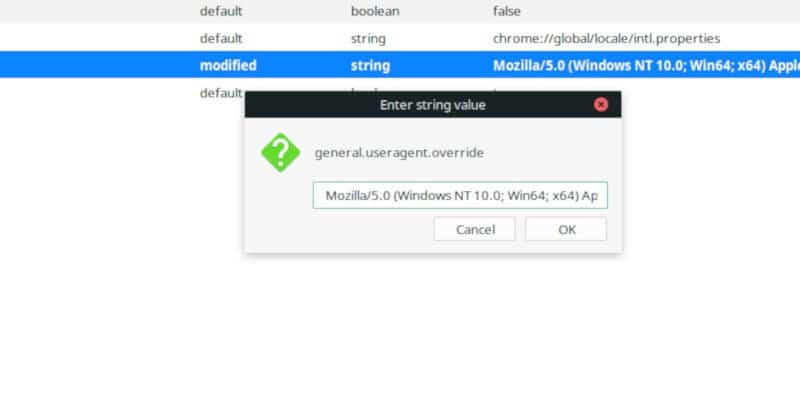 Entrez votre chaîne d'agent Chrome sur Firefox