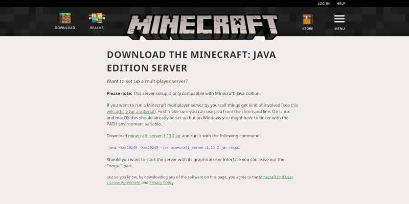 Page de téléchargement de Minecraft