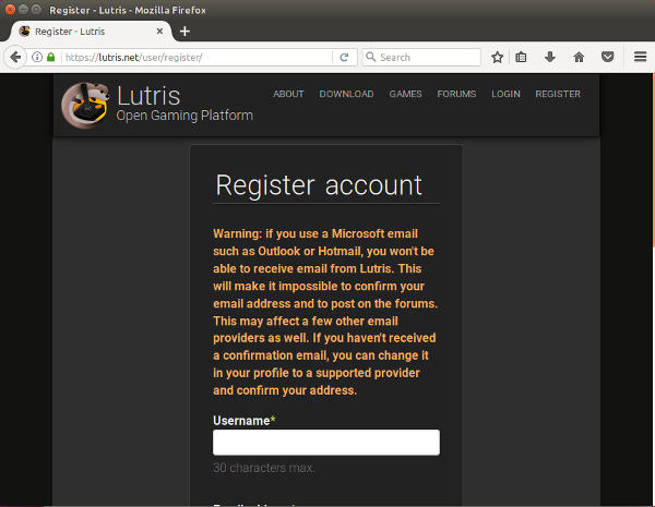 Créer un compte Lutris
