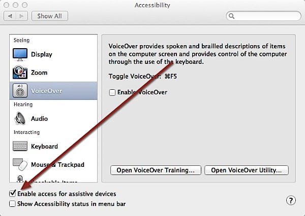 Activez l'accès pour les appareils d'assistance sous Mac OS X.