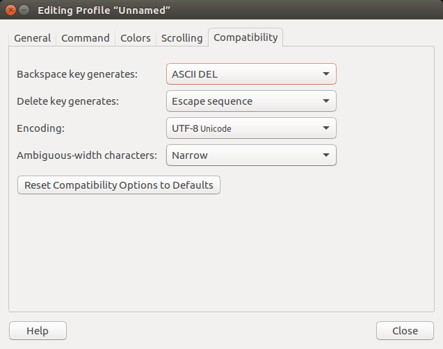 ligne de commande-terminal-édition-menu-préférences-onglet-compatibilité