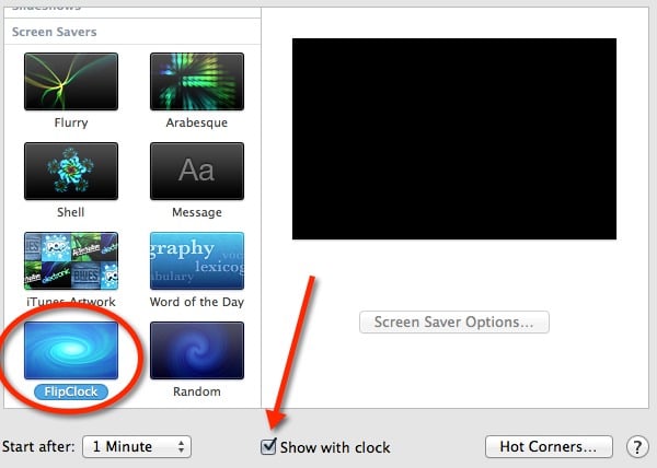 Sélectionnez l'économiseur d'écran FlipClock et désactivez l'horloge normale à l'écran.