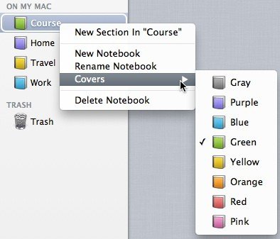 Options du menu contextuel de Noted pour les cahiers, y compris les couvertures.