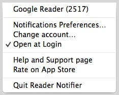 Reader Notifier - Options de la barre de menus