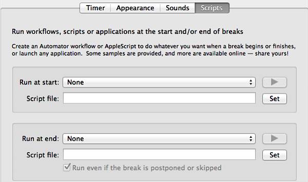 Time Out Free pour Mac - Paramètres de script
