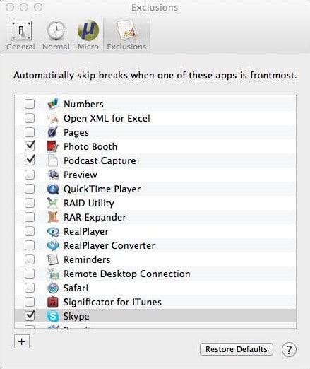 Time Out gratuit pour Mac - Exclusions