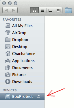 BoxProtect s'affiche en tant que périphérique monté dans le Finder Mac.