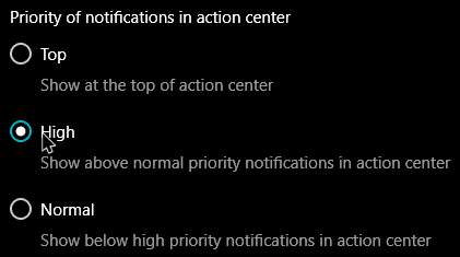les priorités de notification win10 sont définies en haute priorité