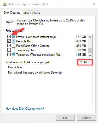 supprimer la taille totale du fichier de l'ancien dossier Windows