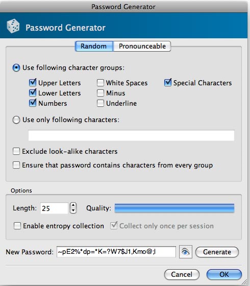 Le générateur de mot de passe de KeyPassX.