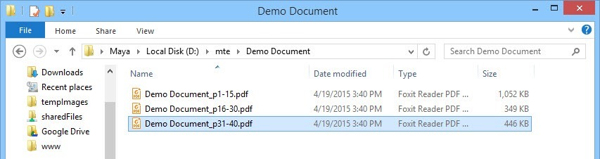 Fichiers divisés enregistrés sur le disque dur.