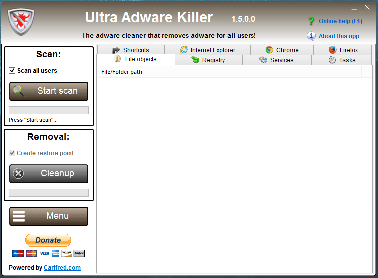 Écran d'accueil Ultra Adware Killer