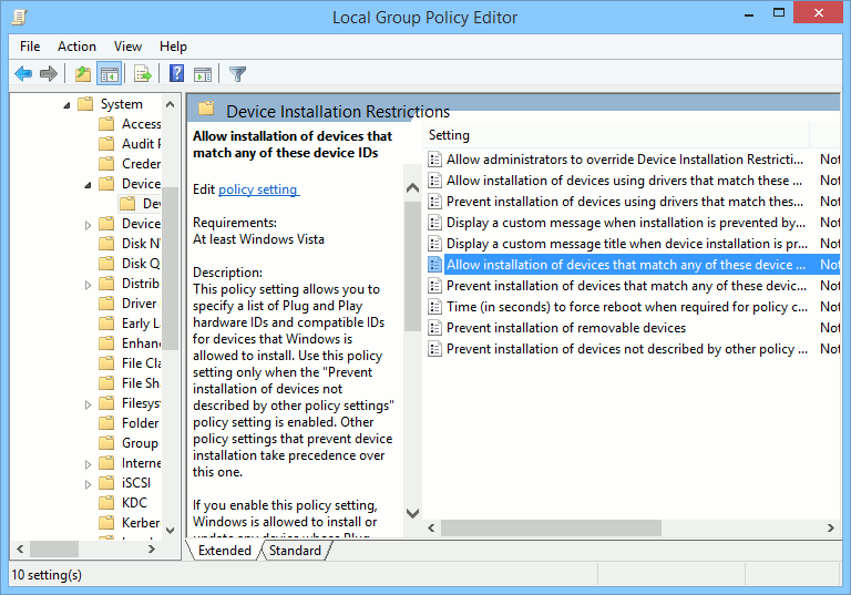 Configurez la stratégie de groupe pour autoriser uniquement l'installation de périphériques amovibles avec uniquement les ID de matériel répertoriés.