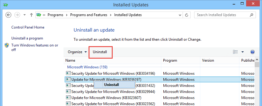 désinstaller-windows-updates-select-uninstall
