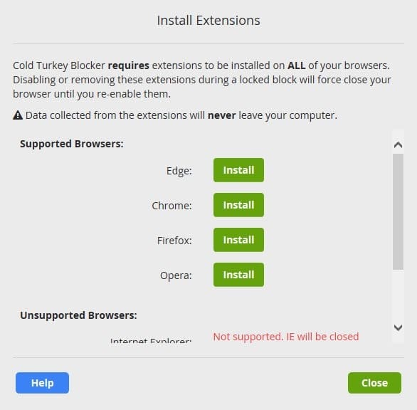 Bloquer les sites Web Coldturkey Installer les extensions