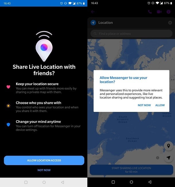 Applications Android Partage de localisation Messenger
