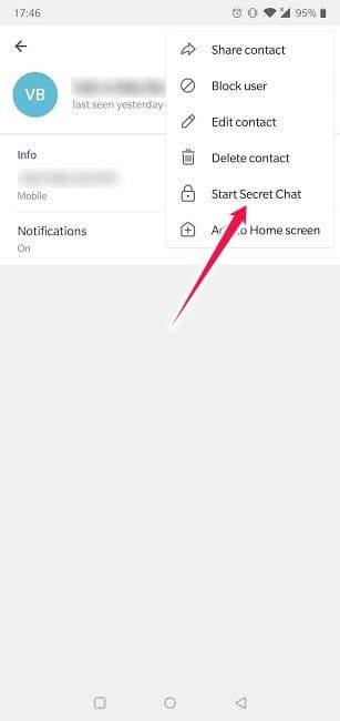 Comment envoyer des messages qui disparaissent Android Telegram Démarrer une conversation secrète