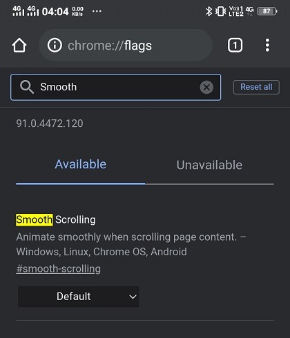 Chrome Android Flags Défilement fluide