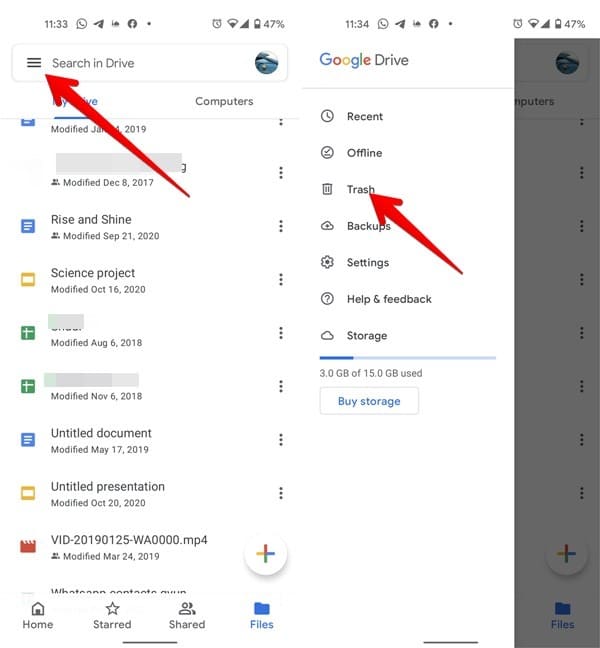 Google Drive supprimer des fichiers de la corbeille mobile