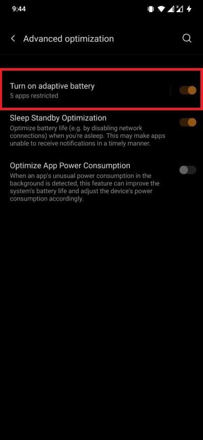 Notifications Android de batterie adaptative
