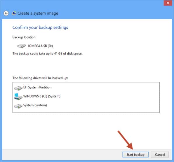 Créer une image système Windows 8 - Confirmer les paramètres de sauvegarde