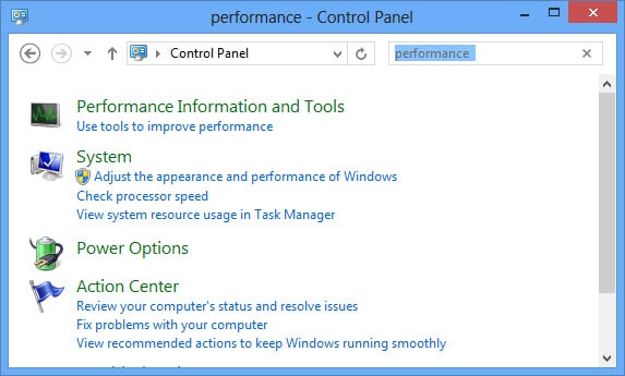Panneau de configuration de l'Analyseur de performances Windows 8