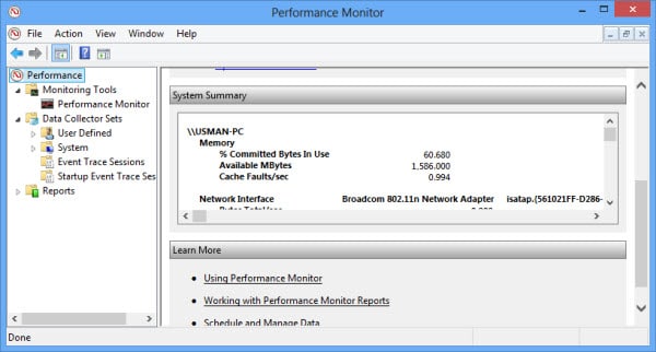 Résumé de l'Analyseur de performances Windows 8