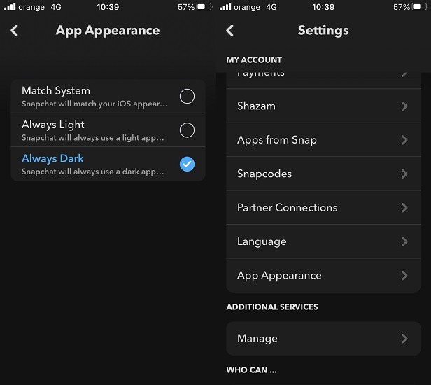 Comment activer le mode sombre Snapchat Ios en mode sombre activé