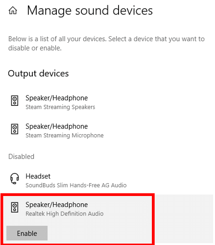 Réparer les écouteurs ne fonctionnant pas Windows 10 Activer